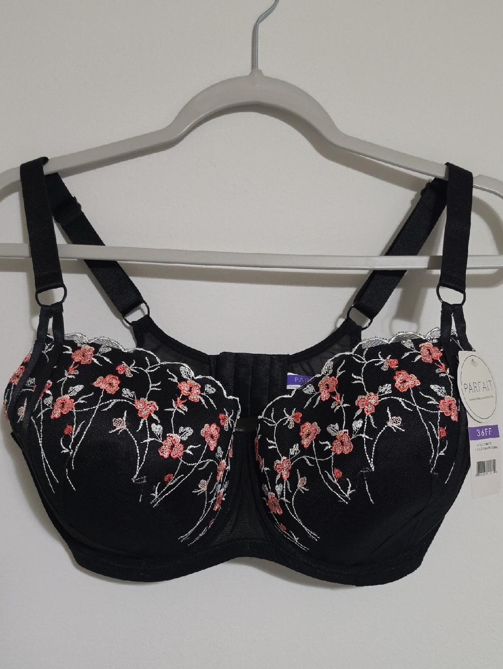 Parfail Bra Black 36FF  Embroidered Underwire Bra with Pink Floral Detail